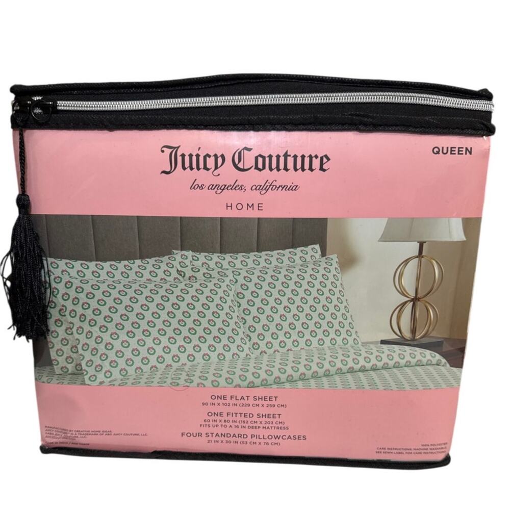NIP Juicy Couture‎ Home Queen Christmas Sheet Set Wreath Print